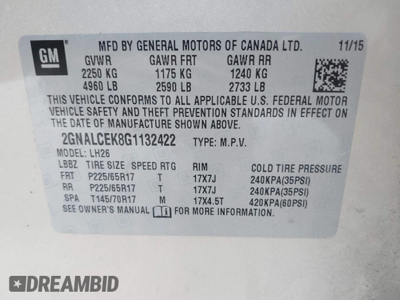 2016 Chevrolet Equinox LT with VIN 2GNALCEK8G1132422, listed as a IAAI auction lot 41948390 with 95,778 mi miles. Bid and sale history available at carsss.com. Image 9.