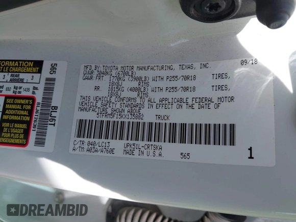 2019 Toyota Tundra SR with VIN 5TFRM5F15KX135882, listed as a IAAI auction lot 41681903 with 253,675 mi miles and . Bid and sale history available at DreamBid. Image 9.