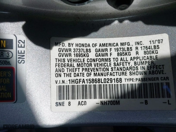 2008 Honda Civic Sdn EX with VIN 1HGFA15868L029168, listed as a IAAI auction lot 41592116 with 193,291 mi miles. Bid and sale history available at carsss.com. Image 9.