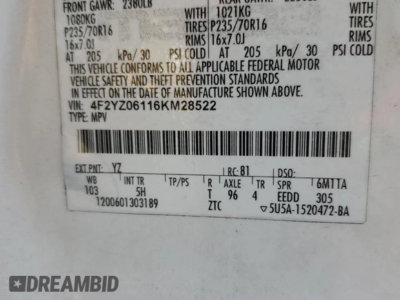 2006 Mazda Tribute S with VIN 4F2YZ06116KM28522, listed as a Copart auction lot 83670154 with Not Provided miles and Non Repairable. Bid and sale history available at carsss.com. Image 14.