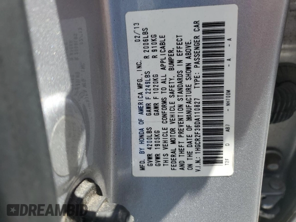 2013 Honda Accord LX z VIN 1HGCR2F36DA110827, wystawiony jako Copart lot #57913605 z przebiegiem 74 768 mil mil oraz Szkoda całkowita • Salvage title. Historia ofert i sprzedaży dostępna na DreamBid. Obrazek 13.