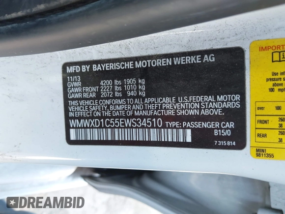 2014 MINI Countryman John Cooper Works with VIN WMWXD1C55EWS34510, listed as a IAAI auction lot 41409043 with 93,313 mi miles and . Bid and sale history available at DreamBid. Image 9.