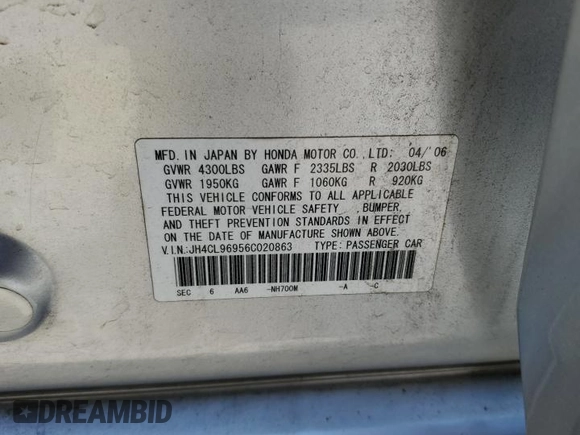 2006 Acura TSX Navi with VIN JH4CL96956C020863, listed as a Copart auction lot 62026715 with 163,374 mi miles and Salvage title. Bid and sale history available at DreamBid. Image 12.