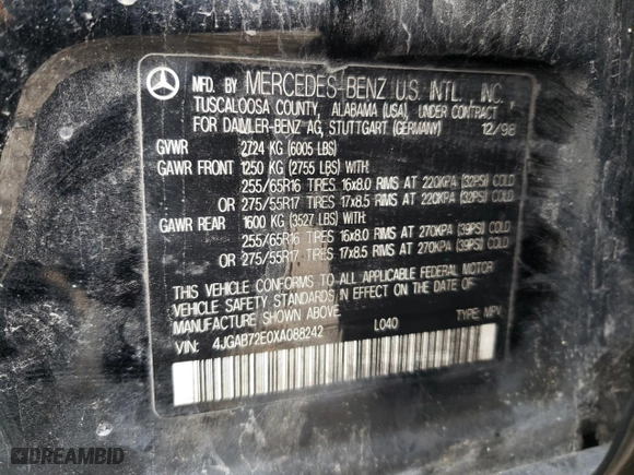 1999 Mercedes-Benz M-Class with VIN 4JGAB72E0XA088242, listed as a Copart auction lot 54570284 with 0 mi miles and Salvage Title. Bid and sale history available at carsss.com. Image 13.