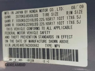 2010 Honda CR-V EX with VIN JHLRE4H57AC000662, listed as a IAAI auction lot 42196626 with 171,695 mi miles. Bid and sale history available at carsss.com. Image 9.