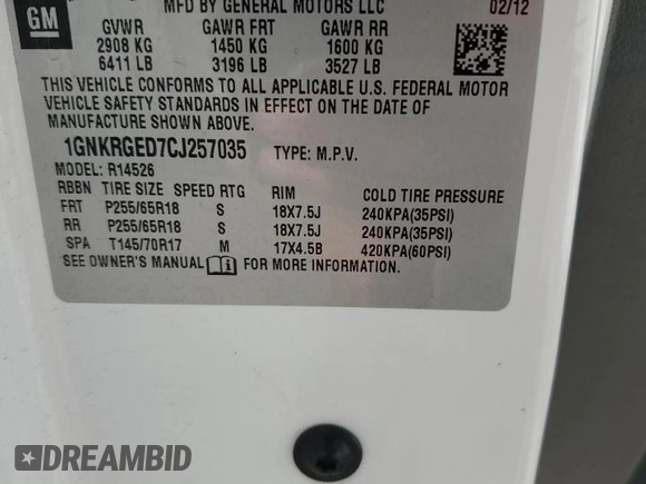 2012 Chevrolet Traverse 1LT with VIN 1GNKRGED7CJ257035, listed as a Copart auction lot 54019225 with 168,300 mi miles and Clean Title. Bid and sale history available at DreamBid. Image 13.