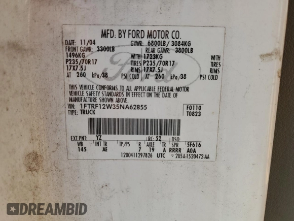 2005 Ford F-150 XL with VIN 1FTRF12W35NA62855, listed as a Copart auction lot 48599365 with 391,441 mi miles and Salvage title. Bid and sale history available at DreamBid. Image 13.