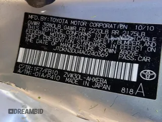 2010 Toyota Prius II with VIN JTDKN3DU4A0240369, listed as a Copart auction lot 46295773 with 0 mi miles and Salvage Title. Bid and sale history available at carsss.com. Image 14.