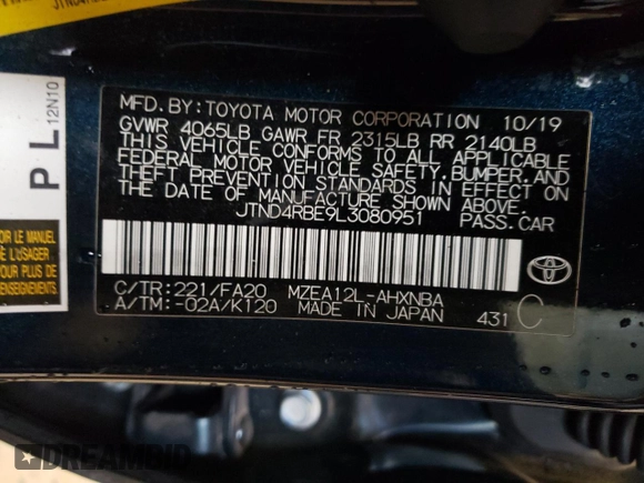 2020 Toyota Corolla Hatchback SE with VIN JTND4RBE9L3080951, listed as a Copart auction lot 65619894 with 71,367 mi miles and Salvage Title. Bid and sale history available at carsss.com. Image 15.