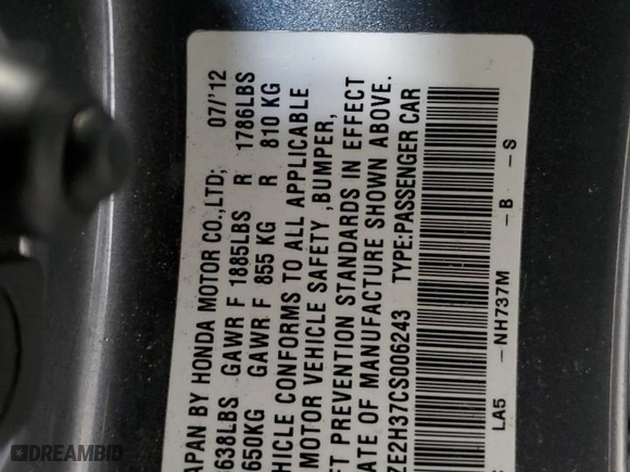2012 Honda Insight with VIN JHMZE2H37CS006243, listed as a Copart auction lot 87506845 with 131,485 mi miles and Salvage Title. Bid and sale history available at carsss.com. Image 12.