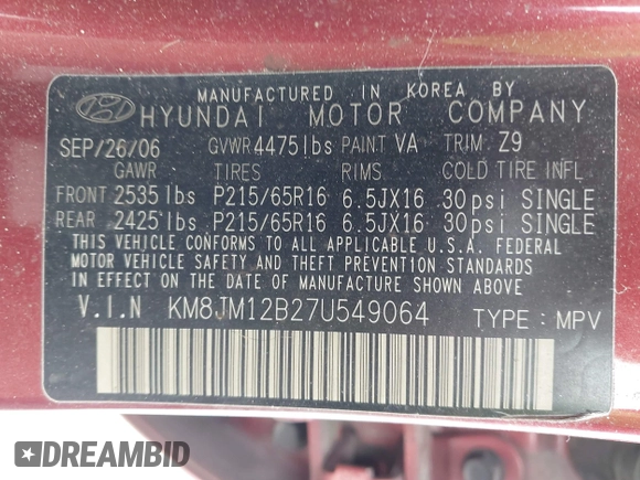 2007 Hyundai Tucson GLS with VIN KM8JM12B27U549064, listed as a IAAI auction lot 42019695 with 223,144 mi miles. Bid and sale history available at carsss.com. Image 9.