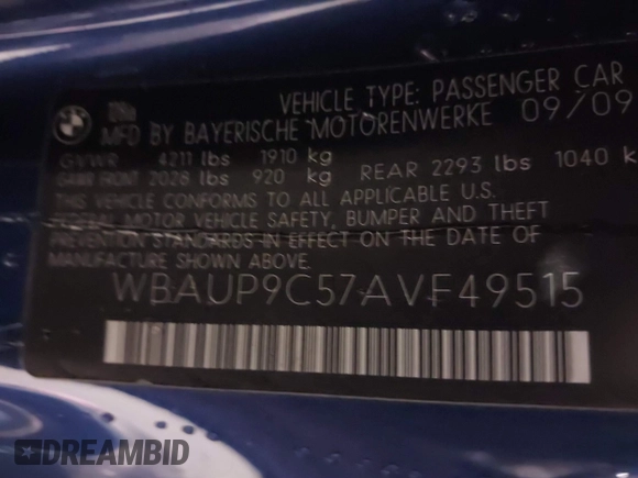 2010 BMW 1 Series 128i with VIN WBAUP9C57AVF49515, listed as a IAAI auction lot 41154745 with 120,982 mi miles and . Bid and sale history available at DreamBid. Image 9.