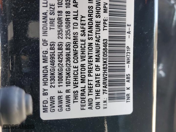 2019 Honda CR-V EX-L with VIN 7FARW2H83KE058463, listed as a Copart auction lot 48794395 with 63,647 mi miles and Salvage Title. Bid and sale history available at carsss.com. Image 13.