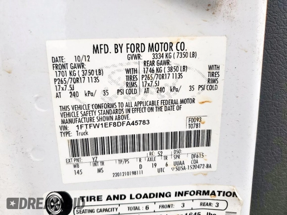 2013 Ford F-150 XL with VIN 1FTFW1EF8DFA45783, listed as a Copart auction lot 64494215 with 194,441 mi miles and Clean title. Bid and sale history available at DreamBid. Image 12.