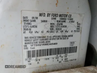 2009 Ford F-250 XL with VIN 1FTSW21R99EA05469, listed as a Copart auction lot 63138925 with 308,103 mi miles and Salvage title. Bid and sale history available at DreamBid. Image 12.
