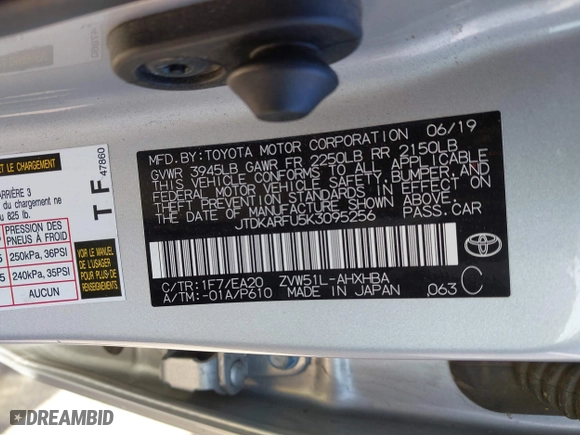 2019 Toyota Prius L Eco with VIN JTDKARFU5K3095256, listed as a IAAI auction lot 41594352 with 72,480 mi miles. Bid and sale history available at carsss.com. Image 9.