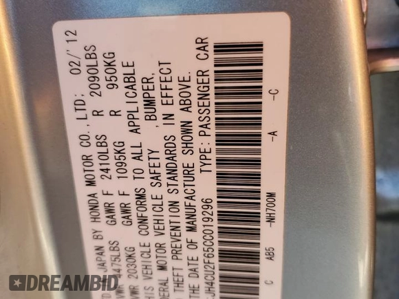 2012 Acura TSX Tech Pkg with VIN JH4CU2F65CC019296, listed as a Copart auction lot 50665225 with 191,888 mi miles and Salvage Title. Bid and sale history available at carsss.com. Image 15.