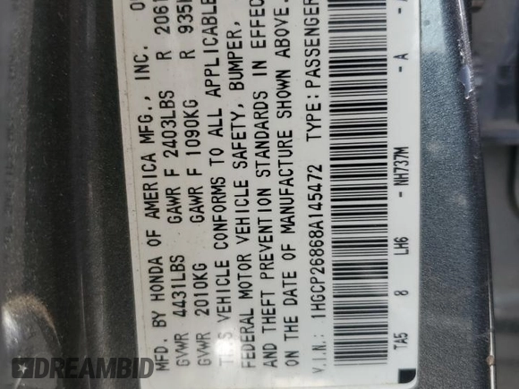 2008 Honda Accord EX-L z VIN 1HGCP26868A145472, wystawiony jako Copart lot #55995185 z przebiegiem 224 561 mil mil oraz Szkoda całkowita • Salvage title. Historia ofert i sprzedaży dostępna na DreamBid. Obrazek 13.