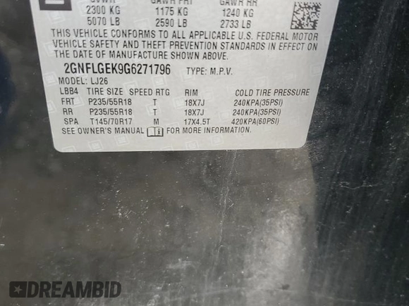 2016 Chevrolet Equinox LTZ with VIN 2GNFLGEK9G6271796, listed as a Copart auction lot 63756174 with 97,716 mi miles and Salvage Title. Bid and sale history available at carsss.com. Image 13.