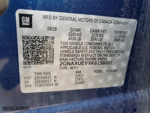 2019 Chevrolet Equinox LT with VIN 2GNAXUEVXK6156057, listed as a Copart auction lot 52161165 with 61,787 mi miles and Salvage Title. Bid and sale history available at carsss.com. Image 13.