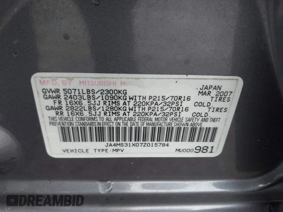 2007 Mitsubishi Outlander ES z VIN JA4MS31X07Z015784, wystawiony jako IAAI lot #38911508 z przebiegiem 166 115 mil mil oraz . Historia ofert i sprzedaży dostępna na DreamBid. Obrazek 9.