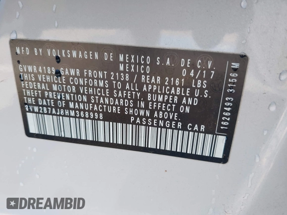 2017 Volkswagen Jetta S с VIN 3VW2B7AJ8HM368998, выставлен на аукционе IAAI как лот 41949413 с пробегом 114 694 миль миль и . История ставок и продаж доступна на DreamBid. Изображение 9.