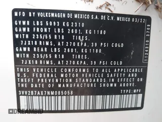 2022 Volkswagen Tiguan SE с VIN 3VV2B7AX7NM085058, выставлен на аукционе IAAI как лот 42135479 с пробегом 45 636 миль миль и . История ставок и продаж доступна на DreamBid. Изображение 9.