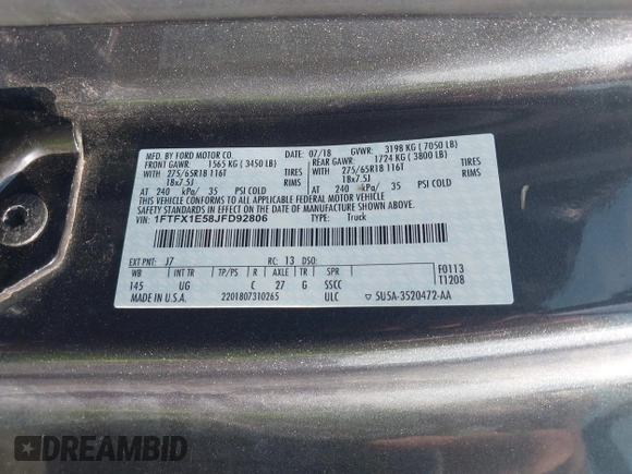2018 Ford F-150 XL with VIN 1FTFX1E58JFD92806, listed as a IAAI auction lot 42424589 with 144,476 mi miles and . Bid and sale history available at DreamBid. Image 9.