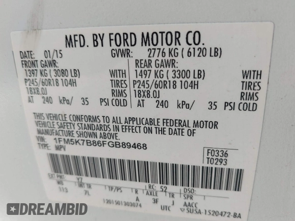 2015 Ford Explorer with VIN 1FM5K7B86FGB89468, listed as a IAAI auction lot 41850992 with 139,457 mi miles and . Bid and sale history available at carsss.com. Image 9.