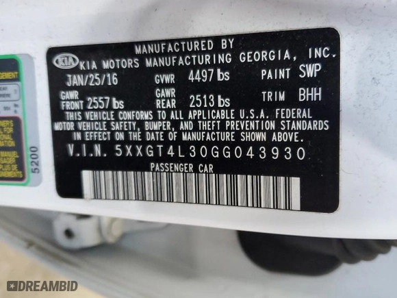 2016 Kia Optima LX with VIN 5XXGT4L30GG043930, listed as a Copart auction lot 49685985 with 78,749 mi miles and Salvage Title. Bid and sale history available at carsss.com. Image 14.
