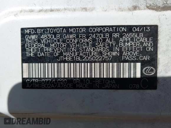 2013 Lexus GS 350 с VIN JTHBE1BL2D5022757, выставлен на аукционе IAAI как лот 42110597 с пробегом 127 619 миль миль и . История ставок и продаж доступна на DreamBid. Изображение 9.