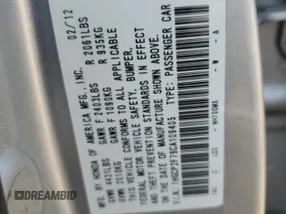 2012 Honda Accord EX with VIN 1HGCP2F79CA109405, listed as a Copart auction lot 59390915 with 181,359 mi miles and Salvage title. Bid and sale history available at DreamBid. Image 13.