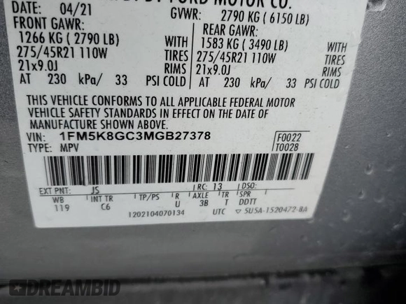 2021 Ford Explorer ST with VIN 1FM5K8GC3MGB27378, listed as a Copart auction lot 44305675 with 67,421 mi miles and Salvage Title. Bid and sale history available at carsss.com. Image 13.
