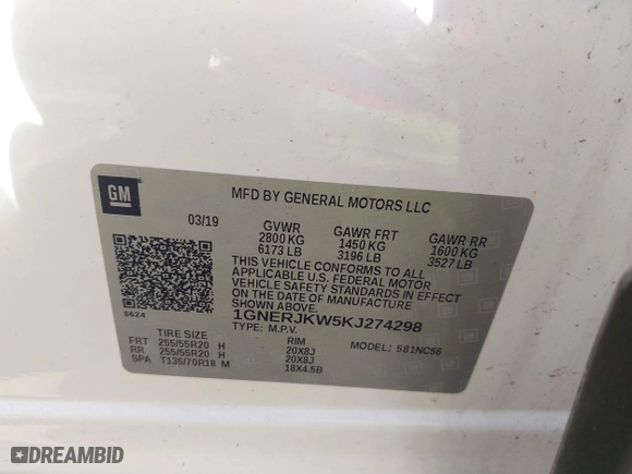 2019 Chevrolet Traverse RS with VIN 1GNERJKW5KJ274298, listed as a IAAI auction lot 41607870 with 42,434 mi miles. Bid and sale history available at carsss.com. Image 9.