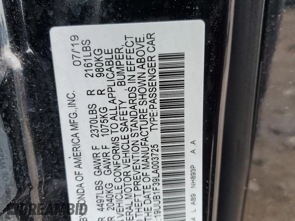 2020 Acura TLX with VIN 19UUB1F39LA003725, listed as a Copart auction lot 62108405 with Not provided miles and Salvage title. Bid and sale history available at DreamBid. Image 13.