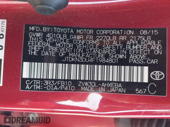 2015 Toyota Prius Four with VIN JTDKN3DU4F1984801, listed as a IAAI auction lot 41987017 with 79,183 mi miles. Bid and sale history available at carsss.com. Image 9.