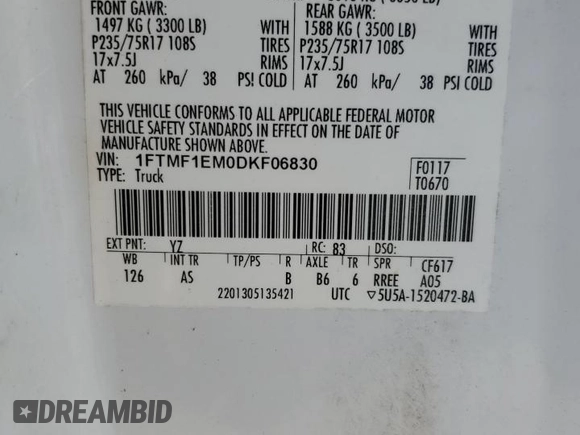 2013 Ford F-150 XL with VIN 1FTMF1EM0DKF06830, listed as a Copart auction lot 48296765 with 160,430 mi miles and Salvage title. Bid and sale history available at DreamBid. Image 12.