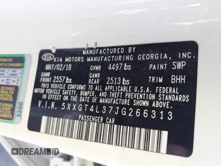 2018 Kia Optima LX with VIN 5XXGT4L37JG266313, listed as a IAAI auction lot 41662782 with Not Provided miles and . Bid and sale history available at carsss.com. Image 9.