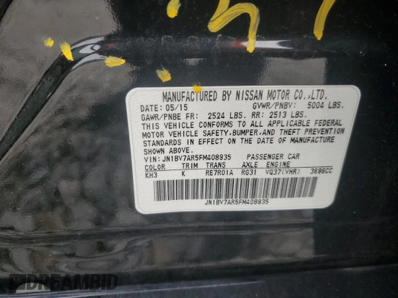2015 Infiniti Q50 Sport with VIN JN1BV7AR5FM408935, listed as a Copart auction lot 51476815 with 111,372 mi miles and Salvage title. Bid and sale history available at DreamBid. Image 12.