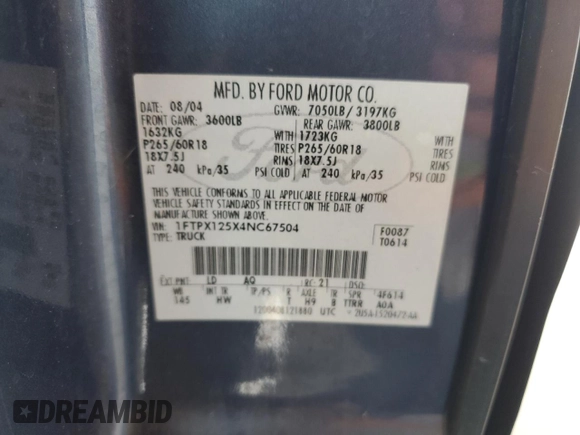 2004 Ford F-150 XL with VIN 1FTPX125X4NC67504, listed as a Copart auction lot 44358775 with 214,731 mi miles and Clean title. Bid and sale history available at DreamBid. Image 12.