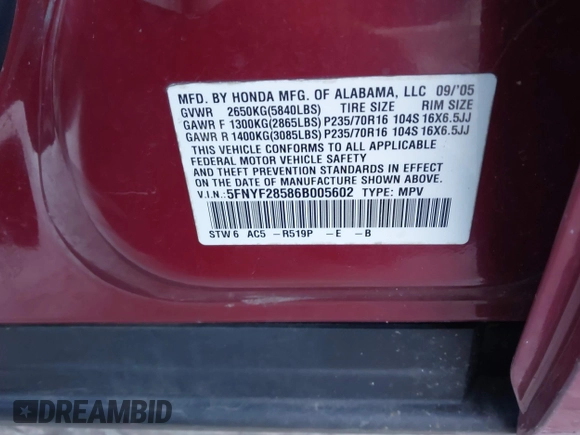 2006 Honda Pilot EX-L with VIN 5FNYF28586B005602, listed as a IAAI auction lot 41247326 with 221,698 mi miles and . Bid and sale history available at DreamBid. Image 9.