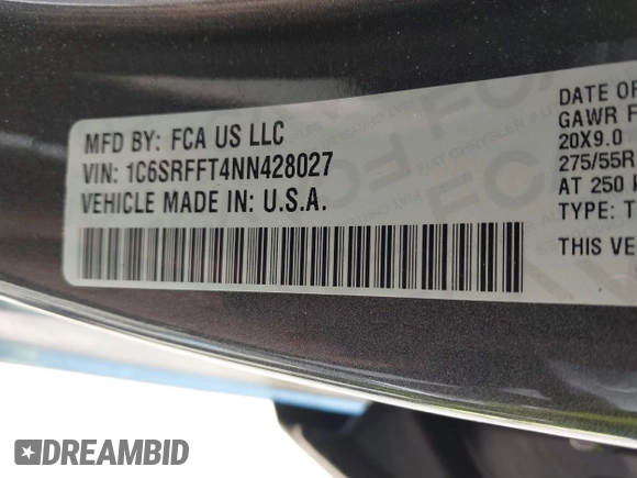 2022 Ram 1500 Big Horn with VIN 1C6SRFFT4NN428027, listed as a IAAI auction lot 41656564 with 14,754 mi miles. Bid and sale history available at carsss.com. Image 9.