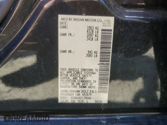 2022 Nissan Altima SV z VIN 1N4BL4DVXNN302361, wystawiony jako Copart lot #57465925 z przebiegiem 62 003 mil mil oraz Szkoda całkowita • Salvage title. Historia ofert i sprzedaży dostępna na DreamBid. Obrazek 13.