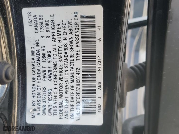 2018 Honda Civic Sedan LX with VIN 2HGFC2F57JH561472, listed as a Copart auction lot 52611235 with 126,350 mi miles and Clean Title. Bid and sale history available at carsss.com. Image 12.