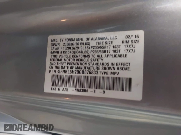 2016 Honda Odyssey LX с VIN 5FNRL5H20GB076833, выставлен на аукционе IAAI как лот 42165171 с пробегом 129 123 миль миль и . История ставок и продаж доступна на DreamBid. Изображение 9.