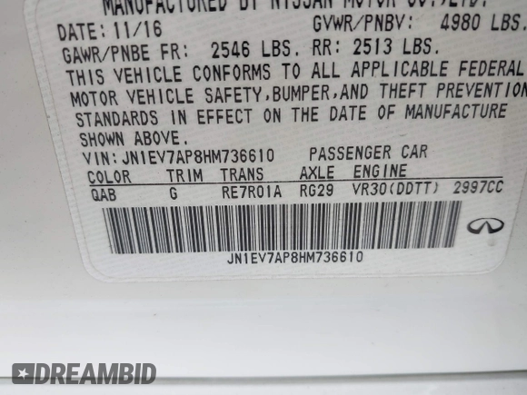 2017 Infiniti Q50 Signature Edition with VIN JN1EV7AP8HM736610, listed as a IAAI auction lot 41611812 with 59,889 mi miles and . Bid and sale history available at DreamBid. Image 9.