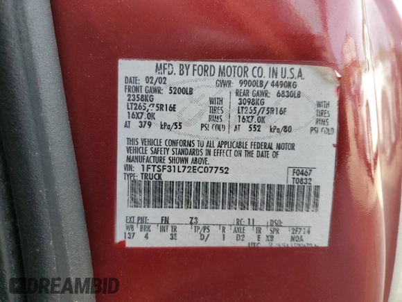2002 Ford F-350 XL with VIN 1FTSF31L72EC07752, listed as a Copart auction lot 53464854 with 105,485 mi miles and Non Repairable. Bid and sale history available at DreamBid. Image 12.