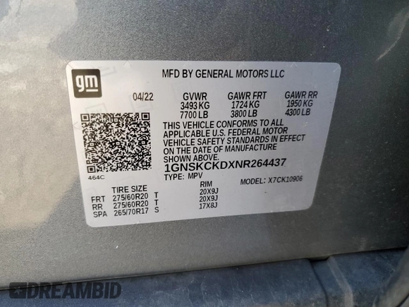 2022 Chevrolet Suburban LT with VIN 1GNSKCKDXNR264437, listed as a Copart auction lot 62835585 with 59,520 mi miles and Non repairable. Bid and sale history available at DreamBid. Image 13.