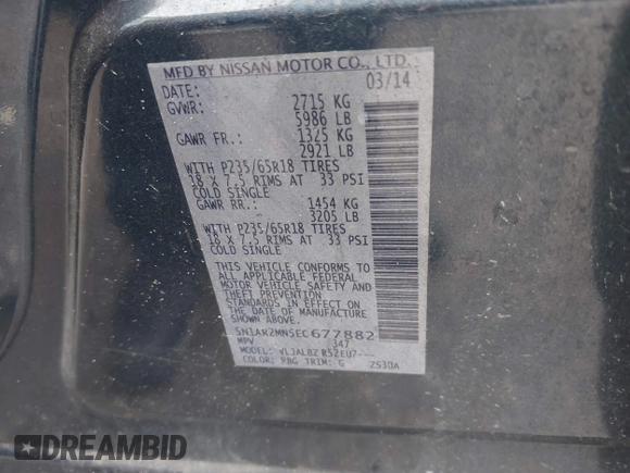 2014 Nissan Pathfinder Platinum с VIN 5N1AR2MN5EC677882, выставлен на аукционе IAAI как лот 42446911 с пробегом 225 328 миль миль и . История ставок и продаж доступна на DreamBid. Изображение 9.