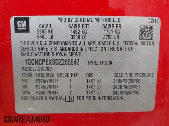 2013 Chevrolet Silverado 1500 Work Truck with VIN 1GCNCPEX8DZ285642, listed as a IAAI auction lot 42130421 with 100,738 mi miles and . Bid and sale history available at DreamBid. Image 9.